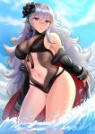  1girl absurdres angel_lingxing azur_lane bangs black_coat black_flower black_rose black_swimsuit blue_sky breasts casual_one-piece_swimsuit cleavage clothing_cutout coat crossed_bangs eyebrows_visible_through_hair flower fur-trimmed_coat fur_trim graf_zeppelin_(azur_lane) graf_zeppelin_(beachside_urd)_(azur_lane) highres impossible_clothes impossible_swimsuit large_breasts long_hair looking_at_viewer navel navel_cutout official_alternate_costume one-piece_swimsuit open_clothes open_coat red_eyes rose silver_hair sky solo swimsuit swimwear taut_clothes taut_swimsuit very_long_hair wading water 