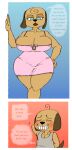  2021 ahoge anthro big_breasts black_nose blue_eyes blush breasts brown_body brown_fur canid canine canis clothed clothing comic domestic_dog duo english_text fan_character female fur grey_clothing hair hi_res male mammal mature_female mother mother_and_child mother_and_son nightgown parent parent_and_child pink_clothing scratching_head shirt shirtbusters son speech_bubble tagme tank_top text thick_thighs topwear wide_hips 