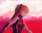  1girl blue_eyes blurry blurry_background bodysuit breasts breasts_apart brown_hair closed_mouth from_side frown headgear highres lens_flare long_hair looking_down neon_genesis_evangelion plugsuit rebuild_of_evangelion red_bodysuit shikinami_asuka_langley small_breasts solo souryuu_asuka_langley tied_hair upper_body very_long_hair walking yuzu_hiko_(ruffle-ponzu) 