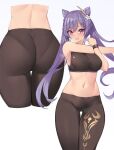  1girl ass ass_visible_through_thighs bangs bare_shoulders black_pants black_sports_bra breasts commentary earrings eyebrows_visible_through_hair flower from_behind genshin_impact hair_between_eyes hair_flower hair_ornament heavy_breathing jewelry keqing_(genshin_impact) kuavera long_hair looking_at_viewer multiple_views navel open_mouth pants pantylines purple_eyes purple_hair shiny shiny_hair simple_background smile sparkle_print sports_bra standing steaming_body stretch sweat thigh_gap thighs twintails white_flower yoga_pants 