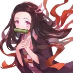  1girl ame8desu bit_gag black_hair black_haori forehead gag gradient_hair hair_ribbon hands_on_own_chest haori japanese_clothes kamado_nezuko kimetsu_no_yaiba kimono long_hair long_sleeves looking_at_viewer mouth_hold multicolored_hair obi obiage obijime pink_eyes pink_kimono pink_ribbon red_hair ribbon sash solo upper_body white_background 