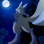  absurd_res butt cptn digimon digimon_(species) female feral genitals grass hand_on_hip hi_res leaf light looking_at_viewer looking_back low-angle_view moon moonlight night plant pussy renamon solo star tree 
