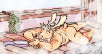  anthro antlers bodily_fluids butt capreoline cervid cervine digital_media_(artwork) hi_res horn housamo lavilovi male mammal nude reindeer sauna smile solo steam sweat tokyo_afterschool_summoners video_games youl yule_(tas) 