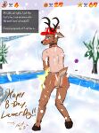  antlers backsack balls blush bottomless butt butt_blush cervid clothed clothing covering covering_crotch evergreen_tree frist44 genitals hat headgear headwear hi_res horn mammal mario_bros mario_hat nintendo panko_(lawyerdog) pine_tree plant snow snowing starman text_box tree video_games water 