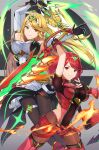  absurdres bangs bare_shoulders black_gloves blonde_hair breasts chest_jewel dress earrings elbow_gloves fingerless_gloves gloves highres jewelry kamu_(kamuuei) large_breasts long_hair mythra_(xenoblade) pyra_(xenoblade) red_eyes red_hair red_legwear red_shorts short_dress short_hair short_shorts shorts super_smash_bros. swept_bangs thighhighs tiara very_long_hair white_dress white_gloves xenoblade_chronicles_(series) xenoblade_chronicles_2 yellow_eyes 