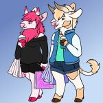  2018 anthony_(goldiescales) anthro beverage black_bottomwear black_clothing black_shirt black_shorts black_topwear blue_background blue_clothing blue_jacket blue_topwear bottomwear bovid bovine breasts brown_hooves cattle clothed clothing duo female fully_clothed goldiescales hair hooves jacket lgbt_pride male mammal pink_eyes pink_hair pink_hooves pink_nose pride_colors shirt shopping_bag shorts simple_background straw topwear trans_(lore) trans_man_(lore) transgender_pride_colors 