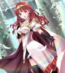  1girl :d armor black_gloves black_legwear blurry breastplate cape celica_(fire_emblem) depth_of_field earrings feathers fingerless_gloves fire_emblem fire_emblem_echoes:_shadows_of_valentia gloves jewelry kakiko210 long_hair open_mouth outstretched_arm red_eyes red_hair short_sleeves smile solo tiara white_feathers 