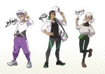  1girl 2boys bag brown_hair burnet_(pokemon) clenched_teeth collarbone commentary dark_skin dark_skinned_male duffel_bag english_commentary green_bag grin guzma_(pokemon) hair_bun hand_in_pocket hand_on_hip hand_up hat highres holding holding_clothes holding_hat hood hood_down hoodie kia_shie kukui_(pokemon) leggings multiple_boys open_clothes open_hoodie pants pokemon pokemon_(game) pokemon_sm purple-framed_eyewear purple_pants shirt shoes smile sunglasses teeth white_headwear white_hoodie 