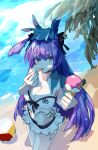  1girl animal_ears animal_on_head arknights beach blue_sky bunny bunny_ears english_text food grey_eyes highres ice_cream ice_cream_cone long_hair nail_polish ocean on_head oripathy_lesion_(arknights) palm_tree purple_hair rabbit_girl rope_(arknights) sky tree wafer_stick yamasemi_(yy8023) 