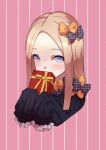  1girl abigail_williams_(fate) bangs black_bow black_sweater blonde_hair blue_eyes blush bow box cropped_torso fate/grand_order fate_(series) frilled_sleeves frills gift gift_box hair_bow highres holding holding_box kani_loreley long_hair long_sleeves orange_bow parted_bangs pink_background polka_dot polka_dot_bow shiny shiny_hair sleeves_past_fingers sleeves_past_wrists solo straight_hair sweater valentine vertical-striped_background 
