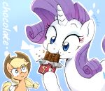  2020 applejack_(mlp) being_watched blonde_hair blue_eyes candy chocolate cutie_mark dessert duo earth_pony eating english_text equid equine female feral food friendship_is_magic hair hi_res horn horse long_hair looking_at_another mammal my_little_pony nendo pony purple_hair rarity_(mlp) signature smile text unicorn 