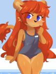  anthro blue_eyes blush claralaine clothed clothing felid female hair hi_res lion mammal one-piece_swimsuit pantherine solo swimwear wide_hips young 