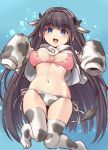  1girl :d alternate_costume animal_print azur_lane bangs bikini black_hair blue_background blue_eyes blush breasts cleavage commentary_request covered_nipples cow_print dated eyebrows_visible_through_hair floating front-tie_bikini front-tie_top ghost_pose groin headphones highres knees_together_feet_apart long_hair long_island_(azur_lane) long_sleeves looking_at_viewer medium_breasts midriff mismatched_bikini navel open_mouth pink_bikini pucho shrug_(clothing) side-tie_bikini sidelocks signature skindentation sleeves_past_fingers sleeves_past_wrists smile solo swimsuit thigh_gap thighhighs very_long_hair white_bikini white_legwear white_sleeves 