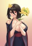  1girl absurdres black_hair breasts cleavage flower gradient gradient_background hair_between_eyes hair_flower hair_ornament highres hiroshi_(beolcoyote) huge_breasts japanese_clothes kimono kunoichi_kaen last_origin looking_at_viewer open_mouth red_eyes short_hair simple_background smile yellow_background 