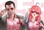  1boy 1girl adjusting_clothes adjusting_eyewear ahoge alternate_costume alternate_hairstyle black_hair chestnut_mouth commentary english_commentary grand_theft_auto grand_theft_auto_v highres hololive logo looking_at_viewer michael_de_santa mr.holmes pink_hair polo_shirt sakura_miko sunglasses virtual_youtuber 