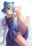  1girl arm_behind_head arm_support bangs barefoot blue_bow blue_dress blue_eyes blue_hair blush bow bowtie cirno closed_mouth commentary_request dress eyebrows_visible_through_hair feet flat_chest foot_out_of_frame foot_up hair_bow highres ice ice_wings light_blue_background looking_at_viewer natsume_suzuri panties pantyshot pinafore_dress puffy_short_sleeves puffy_sleeves red_bow red_neckwear short_hair short_sleeves simple_background smile soles solo toes touhou underwear white_panties wings 