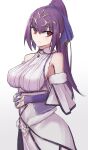 1girl bangs bare_shoulders breasts dress elfenlied22 fate/grand_order fate_(series) hair_between_eyes highres jewelry large_breasts long_hair looking_at_viewer pendant ponytail purple_dress purple_hair red_eyes scathach_(fate)_(all) scathach_skadi_(fate) tiara 