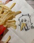  1girl bow collared_shirt cropped_torso eating eyebrows_visible_through_hair food food_in_mouth french_fries fujiwara_no_mokou hair_bow highres jokanhiyou long_hair mcdonald&#039;s napkin no_nose photo_(medium) puffy_short_sleeves puffy_sleeves shirt short_sleeves sketch solo suspenders symbol_commentary tagme touhou traditional_media unconventional_media upper_body 