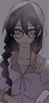  1girl :d bakemonogatari black_hair braid collarbone glasses grey_background hair_between_eyes hanekawa_tsubasa long_hair long_sleeves looking_at_viewer monogatari_(series) naoetsu_high_school_uniform nekomonogatari open_mouth pink_shirt purple_eyes ribbon-trimmed_clothes ribbon_trim school_uniform shirt simple_background smile solo tbrsnsk twin_braids upper_body 