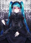  1055 1girl bangs black_bow black_dress blue_hair blue_nails bow closed_mouth collared_dress cup dress frilled_dress frills gothic_lolita hair_between_eyes hair_bow hatsune_miku highres holding holding_cup layered_dress lolita_fashion long_dress long_hair looking_at_viewer nail_polish red_eyes shiny shiny_hair solo standing striped teacup twintails vertical-striped_dress vertical_stripes very_long_hair vocaloid 