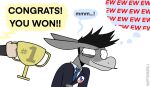  anthro asinus award black_hair bodily_fluids clothing democrat_donkey dialogue disembodied_hand donkey ears_back equid equine fur grey_body grey_fur hair happyroadkill holding_object humor male mammal necktie nervous nervous_smile nervous_sweat pivoted_ears political_cartoon politics simple_background smile speech_bubble suit sweat text thought_bubble trophy white_background white_eyes 