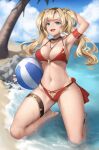  1girl :d ball bangs bare_shoulders beach beachball bikini blonde_hair blue_eyes blue_sky breasts cleavage collarbone granblue_fantasy hair_intakes hairband highres large_breasts long_hair looking_at_viewer miso_(b7669726) navel open_mouth red_bikini shore sky smile swimsuit thighs twintails zeta_(granblue_fantasy) 