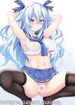  1girl armpits arms_behind_head bangs black_heart black_legwear blue_eyes blush breasts censored choujigen_game_neptune crop_top eyebrows_visible_through_hair gabriel_evangel hair_ribbon highres long_hair microskirt navel neptune_(series) next_black noire patreon_username reward_available ribbon sailor_collar school_uniform serafuku simple_background skindentation skirt sleeveless smile spread_legs squatting symbol-shaped_pupils thighhighs white_background white_hair 