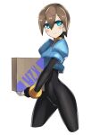  1girl aile_(rockman) bodystocking bodysuit breasts brown_hair closed_mouth gloves green_eyes hair_between_eyes looking_at_viewer protected_link robot_ears rockman rockman_zx short_hair simple_background smile solo spandex sweat ukimukai white_background 