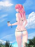  1girl absurdres ass back bangs bikini blue_eyes blue_sky butt_crack closed_mouth cloud cloudy_sky cup eyebrows_visible_through_hair from_below girls_frontline hair_ornament highres holding holding_cup long_hair looking_at_viewer looking_back ocean pink_hair ponytail sky solo st_ar-15_(girls_frontline) standing swimsuit thighs un_lim white_bikini 
