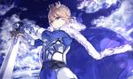  1girl ahoge armor armored_dress artoria_pendragon_(all) bangs blonde_hair blue_cape blue_dress blue_sky breastplate cape cloud cloudy_sky commentary_request crown dress excalibur_(fate/stay_night) eyebrows_visible_through_hair fate/grand_order fate_(series) from_below from_side fur-trimmed_cape fur_trim gauntlets green_eyes hair_between_eyes highres long_sleeves looking_at_viewer medium_hair saber sidelocks sky solo sword tomas_(kaosu22) upper_body weapon wind 