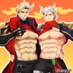  2boys abs bara bare_pecs black_hair black_pants blush bulge character_request chinese_zodiac coat cow_horns cowboy_shot darius_(league_of_legends) green_eyes hand_on_another&#039;s_waist horns kaiki_(osuppai) large_pectorals league_of_legends lifted_by_self looking_at_viewer lunar_beast_darius male_focus mature_male multicolored_hair multiple_boys muscular muscular_male navel nipples pants pectoral_docking pectoral_press red_coat shirt_lift short_hair sideburns stomach two-tone_hair white_hair yaoi year_of_the_ox 
