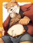  2021 anthro belly boar_stag144 brown_body brown_fur bulge canid canine canis clothing domestic_dog fur hi_res kemono male mammal navel overweight overweight_anthro overweight_male shirt shots solo tongue tongue_out topwear 