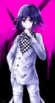  1boy absurdres bangs black_background checkered checkered_neckwear checkered_scarf commentary_request cowboy_shot danchu_(danchu0628) danganronpa_(series) danganronpa_v3:_killing_harmony double-breasted hair_between_eyes hand_in_pocket hand_up highres index_finger_raised jacket long_arms long_sleeves looking_at_viewer male_focus ouma_kokichi pants pink_background purple_eyes purple_hair scarf short_hair smile solo standing straitjacket white_jacket 