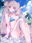  1girl arm_support ashiba_nero azur_lane bangs bikini blue_bikini blue_sky blunt_bangs braid breasts closed_mouth cloud collarbone day double_bun eyebrows_visible_through_hair formidable_(azur_lane) formidable_(the_lady_of_the_beach)_(azur_lane) halterneck large_breasts long_hair looking_at_viewer official_alternate_costume palm_tree petals red_eyes sitting sky solo swimsuit thighhighs tree twin_braids very_long_hair water white_legwear 