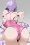  1girl ahoge ass bent_over breasts detached_collar from_behind koko_shiguma leotard light_purple_hair long_hair looking_at_viewer looking_back low_twintails pink_leotard playboy_bunny scrunchie senki_zesshou_symphogear shiny shiny_hair shiny_skin solo standing strapless strapless_leotard twintails yukine_chris 