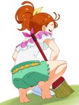  1girl barefoot broom closed_eyes commentary_request from_behind full_body green_shorts hair_ribbon highres holding holding_broom natsuumi_manatsu nurugamer-kouyouju orange_hair precure ribbon shirt shorts simple_background soles solo squatting tropical-rouge!_precure white_background white_shirt yellow_ribbon 