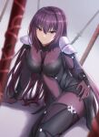  1girl absurdres armor bangs bodysuit breasts commentary_request eyebrows_behind_hair fate/grand_order fate_(series) gae_bolg_(fate) grey_background hair_between_eyes hand_on_hip highres long_hair lying medium_breasts mitsuria_(kanesho1102) on_side pauldrons polearm purple_bodysuit purple_hair red_eyes scathach_(fate) scathach_(fate)_(all) shoulder_armor smile solo spear very_long_hair weapon 
