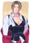  1boy bangs black_vest character_request expressionless gyakuten_saiban highres jacket large_pectorals light_brown_hair looking_at_viewer male_cleavage male_focus mitsurugi_reiji muscular muscular_male nitako open_clothes open_jacket open_vest parted_bangs short_hair solo undressing upper_body vest 