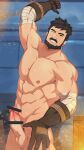 1boy abs bandaged_arm bandages bar_censor bara beard black_eyes black_hair blacksmith blush censored completely_nude embers erection facial_hair genshin_impact highres large_pectorals looking_at_viewer male_focus mature_male mazjojo muscular muscular_male mustache navel nipples nude penis reward_available short_hair solo stomach wagner_(genshin_impact) 