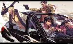  4boys abs akiyama_shun black_border black_eyepatch black_gloves black_hair black_pants black_shirt blonde_hair border cake car chain chest_tattoo coat dagger driving food fur_trim gloves gold_chain gouda_ryuuji grey_suit ground_vehicle gun hair_slicked_back handgun highres holding holding_gun holding_plate holding_weapon irei_yukitoshi jacket kiryuu_kazuma letterboxed majima_gorou male_focus motor_vehicle multiple_boys one_eye_covered open_clothes open_mouth pants planted_weapon plate profile red_jacket red_shirt ryuu_ga_gotoku scar scar_on_face shirt short_hair sideburns smile tattoo weapon white_coat yellow_jacket yellow_pants yellow_suit 