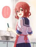  1girl :d absurdres apron blue_sailor_collar blue_skirt brown_hair commentary eyebrows_visible_through_hair fang from_behind hair_between_eyes highres holding holding_ladle huge_filesize ikazuchi_(kancolle) jewelry kantai_collection kitchen ladle lightning looking_at_viewer looking_back notice_lines open_mouth orange_eyes raglan_sleeves red_apron ring sailor_collar school_uniform serafuku short_hair signature skin_fang skirt smile solo speech_bubble translated unagiman 