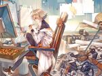  arknights chair coat eating food food_in_mouth joints labcoat mayer_(arknights) medium_hair messy_room pizza pomelo_(ice_blue585) robot robot_joints room shoes short_hair sidelocks sitting sneakers thighhighs tomboy 