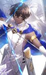  1boy arjuna_(fate) arrow_(projectile) bangs bishounen black_eyes bow_(weapon) brown_hair cape dark_skin dark_skinned_male drawing_bow elbow_gloves energy expressionless fate/grand_order fate_(series) feet_out_of_frame gloves hair_between_eyes highres male_focus pillo short_hair sleeveless solo weapon white_cape white_gloves wind 