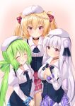  3girls absurdres aihara_kazushi azur_lane black_collar blonde_hair blue_skirt braid breasts button_gap cleavage closed_eyes collar comet_(azur_lane) crescent_(azur_lane) cygnet_(azur_lane) double_bun green_hair hat highres juliet_sleeves large_breasts long_hair long_sleeves looking_at_viewer multiple_girls plaid plaid_skirt puffy_sleeves purple_eyes purple_hair purple_skirt red_skirt shirt simple_background skirt smile twintails white_headwear white_shirt 