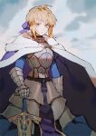  1girl ahoge armor armored_dress artoria_pendragon_(all) blonde_hair blue_cape blue_dress braid breastplate cape closed_mouth cloud cloudy_sky collared_dress commentary_request dress excalibur_(fate/stay_night) fate/grand_order fate_(series) fur-trimmed_cape fur_trim gauntlets green_eyes hair_ribbon holding holding_sword holding_weapon lips long_dress long_sleeves looking_at_viewer medium_hair ribbon saber sheath sheathed sidelocks sky solo standing sword weapon yueko_(jiayue_wu) 