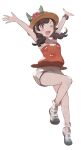  1girl ;d absurdres arms_up blush brown_hair brown_headwear camisole eyelashes floral_print flower full_body grey_eyes grey_shorts hat hat_flower highres knees leg_up odd_(hin_yari) one_eye_closed open_mouth orange_camisole pokemon pokemon_(game) pokemon_usum selene_(pokemon) shoes shorts simple_background smile solo spread_fingers teeth tongue twintails white_background 