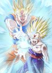  2boys absurdres blonde_hair blue_eyes dougi dragon_ball dragon_ball_z father-son_kamehameha father_and_son highres huge_filesize injury kamehameha long_hair male_focus mitsuria_(kanesho1102) multiple_boys muscular muscular_male open_mouth son_gohan son_goku spiked_hair super_saiyan torn_clothes veins wristband 