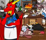  2019 angry anthony_(goldiescales) anthro apron beverage_can blue_clothing blue_shirt blue_topwear bodily_fluids bottomwear bovid bovine bowl butcher_knife canid canine canis cattle chef_hat chiropteran clothed clothing crying detailed_background domestic_dog dragon egg fire flour food_bowl fully_clothed goldiescales green_hair group hair hat headgear headwear horn kitchen knife mammal microwave mirror open_mouth pants rolling_pin shirt standing tears text text_on_clothing topwear trans_(lore) trans_man_(lore) trash_can wings wood_floor 
