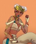  1girl alternate_costume alternate_hair_color apex_legends artist_name breasts brown_eyes cleavage cleavage_cutout clenched_hand clothing_cutout dbdkitty double_bun earrings eyeshadow green_lips hair_behind_ear hand_on_own_thigh highres jewelry lifeline_(apex_legends) lipstick makeup orange_background orange_eyeshadow parted_lips sitting small_breasts solo triangle_earrings white_hair 