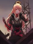  1girl absurdres artist_name black_gloves black_jacket blood blood_on_face bodysuit dinergate_(girls_frontline) eyebrows_visible_through_hair girls_frontline gloves highres holding jacket lips long_hair looking_at_viewer m4_sopmod_ii_(girls_frontline) mechanical_arms open_clothes open_jacket open_mouth pink_hair red_eyes simple_background single_glove single_mechanical_arm solo standing un_lim 